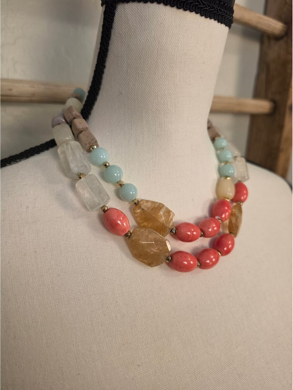 LOFT Multi-Strand Beaded Statement Necklace with Pink, Blue, and Beige Stones